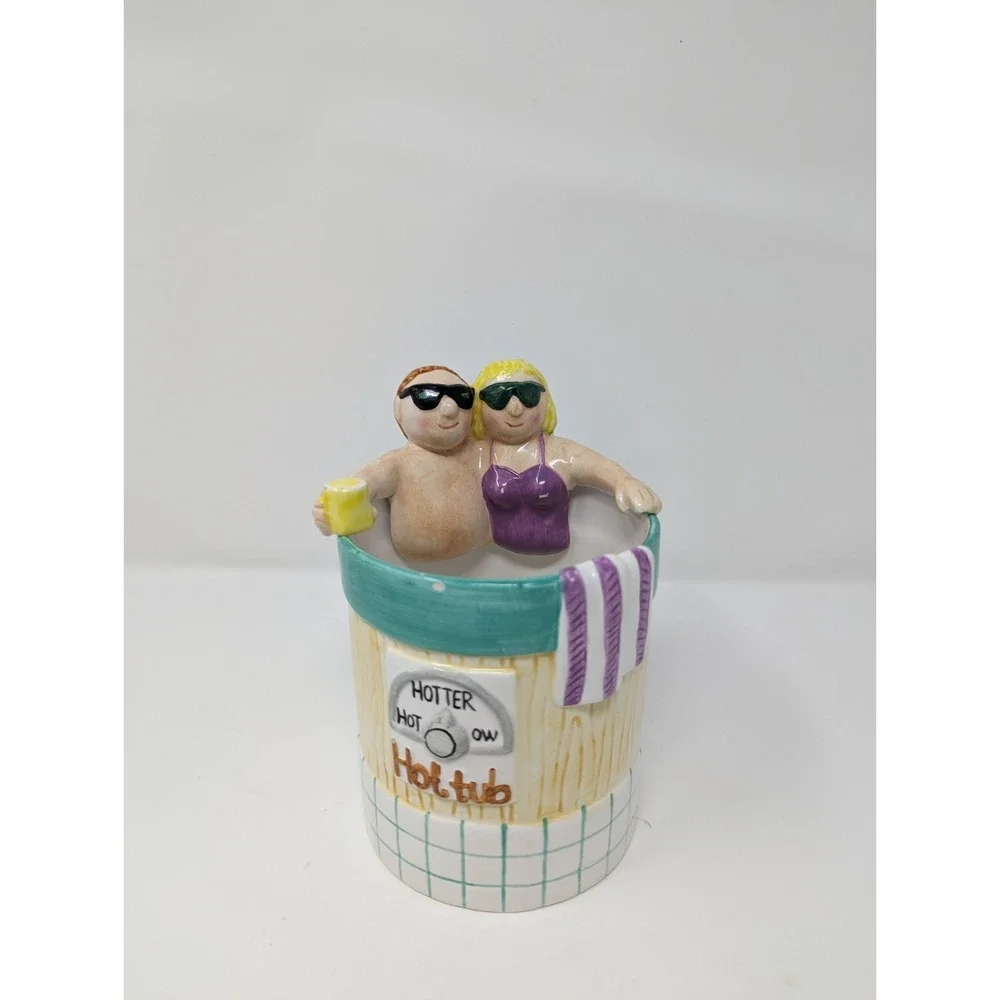 Vintage 1997 Ceramic Hot Tub Planter Hotter Tub‎ Cutlery Utensil Holder Couple